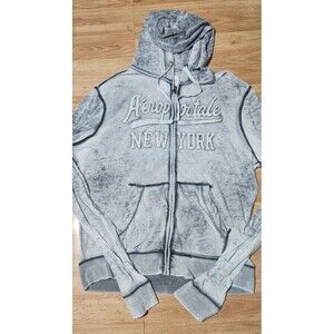 Aeropostale Jacket Large Full Zip Hooded Pockets Graphic Gray 23w X 30L